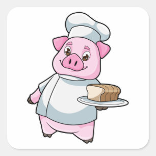 Sticker Carré Cochon comme chef avec Plateau et Cake