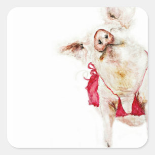 Sticker Carré Cochon dans un Bikini Rouge