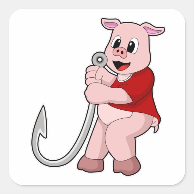 Sticker Carré Cochon de pêche avec hameçon de poisson (Devant)