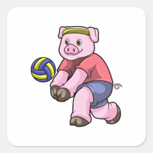 Sticker Carré Cochon de sport avec volleyball