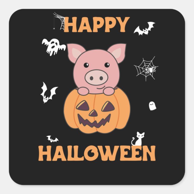 Sticker Carré Cochon En Citrouille Cochons Doux Joyeux Halloween (Devant)