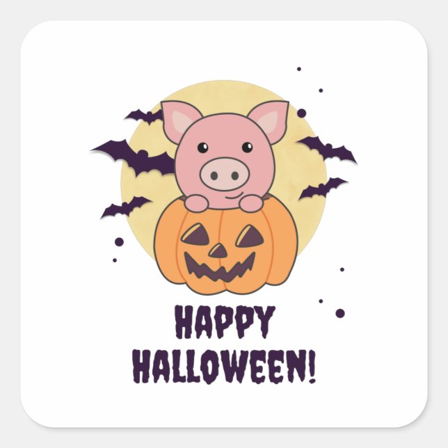Sticker Carré Cochon En Citrouille Cochons Doux Joyeux Halloween (Devant)