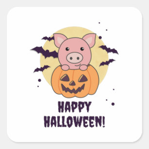 Sticker Carré Cochon En Citrouille Cochons Doux Joyeux Halloween