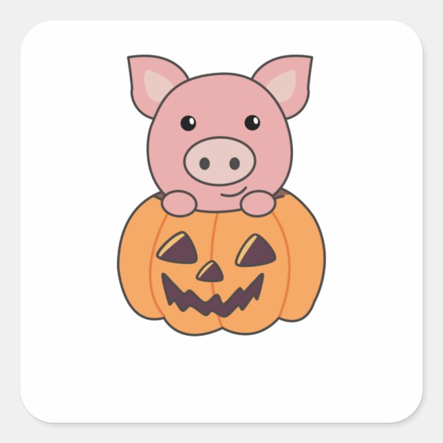 Sticker Carré Cochon En Citrouille Cochons Doux Joyeux Halloween (Devant)