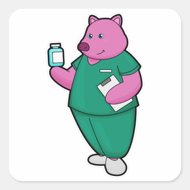 Sticker Carré Cochon en infirmière en médecine (Devant)