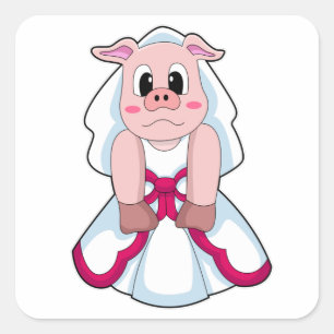 Sticker Carré Cochon en mariée avec robe Mariage
