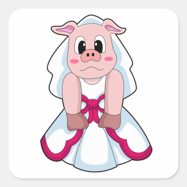 Sticker Carré Cochon en mariée avec robe Mariage (Devant)