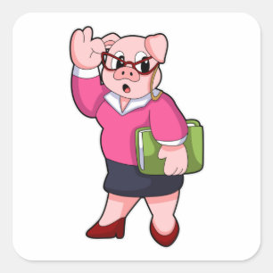 Sticker Carré Cochon en tant que secrétaire avec lunettes