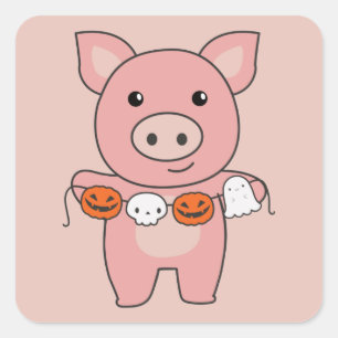Sticker Carré Cochon Happy Halloween Citrouille Chat Costume Car