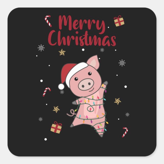 Sticker Carré Cochon Joyeux Noël Animaux Cochons (Devant)