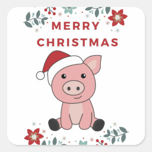 Sticker Carré Cochon Joyeux Noël Animaux Cochons