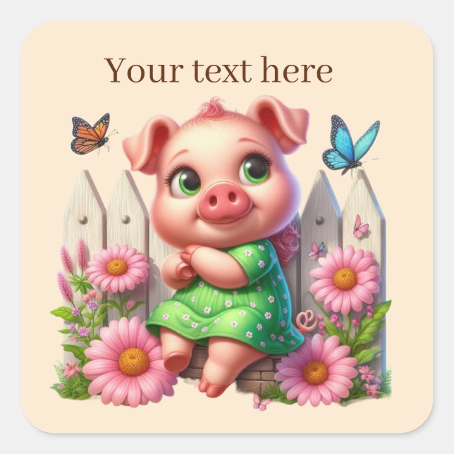 Sticker Carré Cochon végétal du pays mignon ajouter du texte (Devant)