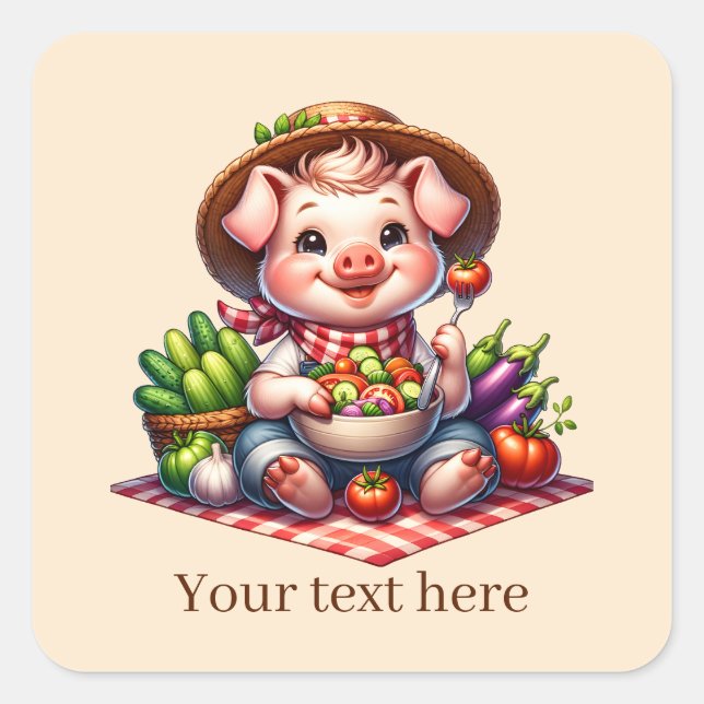 Sticker Carré Cochon végétal du pays mignon ajouter du texte (Devant)