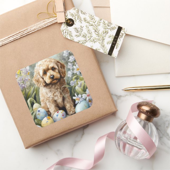 Sticker Carré Cockapoo avec œufs de Pâques vacances  (Cadeaux)