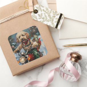 Sticker Carré Cockapoo Chien chevauchant la moto Noël