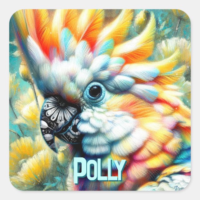 Sticker Carré Cockatoo Bird Yellow Poppies Personalized (Devant)