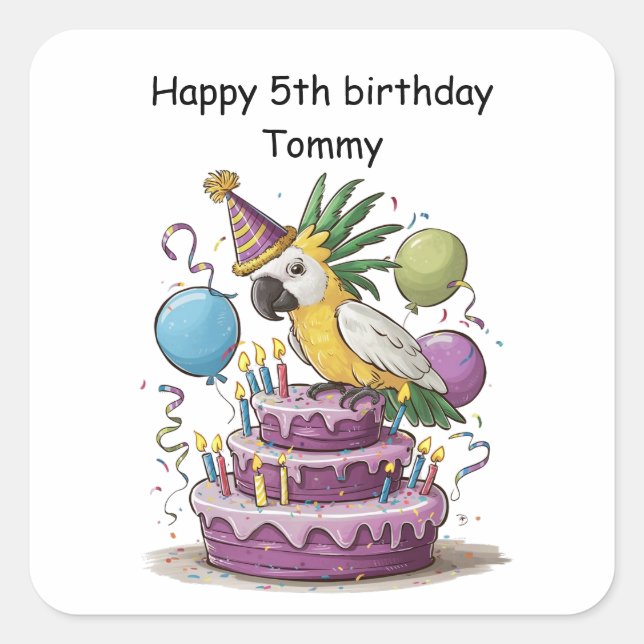 Sticker Carré cockatoo perché sur des ballons de gâteau d'annive (Devant)