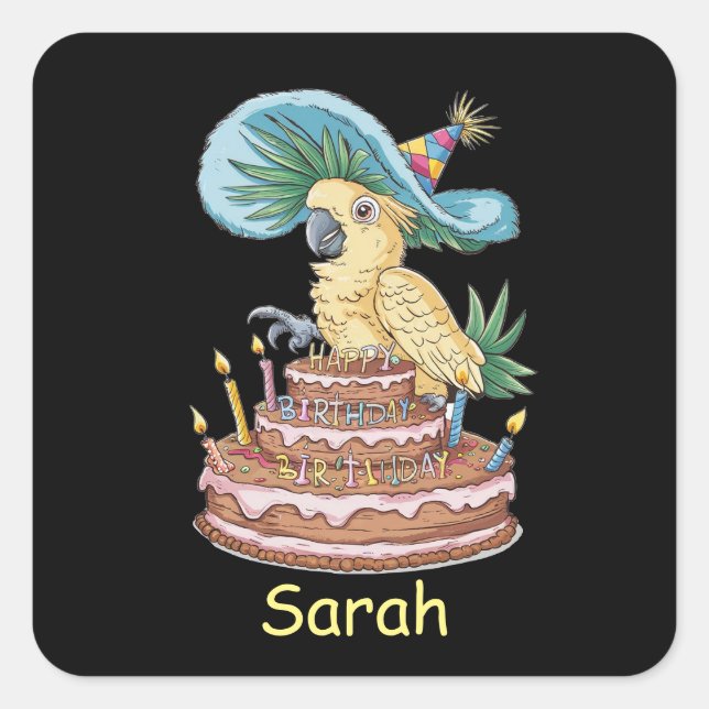 Sticker Carré cockatoo perché sur gâteau d'anniversaire casquett (Devant)