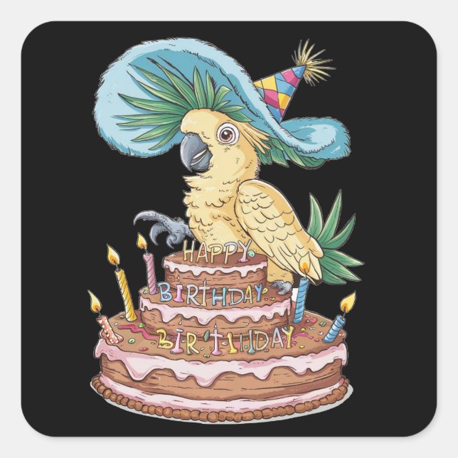 Sticker Carré cockatoo perché sur gâteau d'anniversaire casquett (Devant)