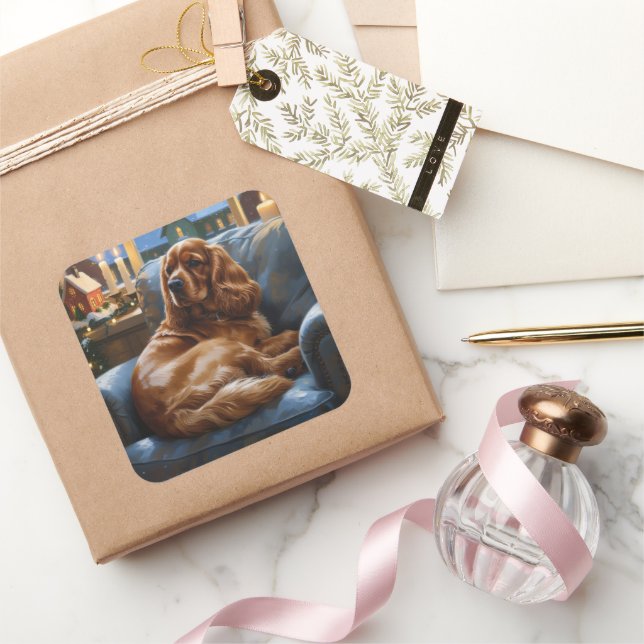 Sticker Carré Cocker Spaniel avec les lumières de Noël (Cadeaux)