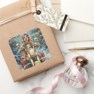 Sticker Carré Cocker Spaniel Chien équitation Moto Noël