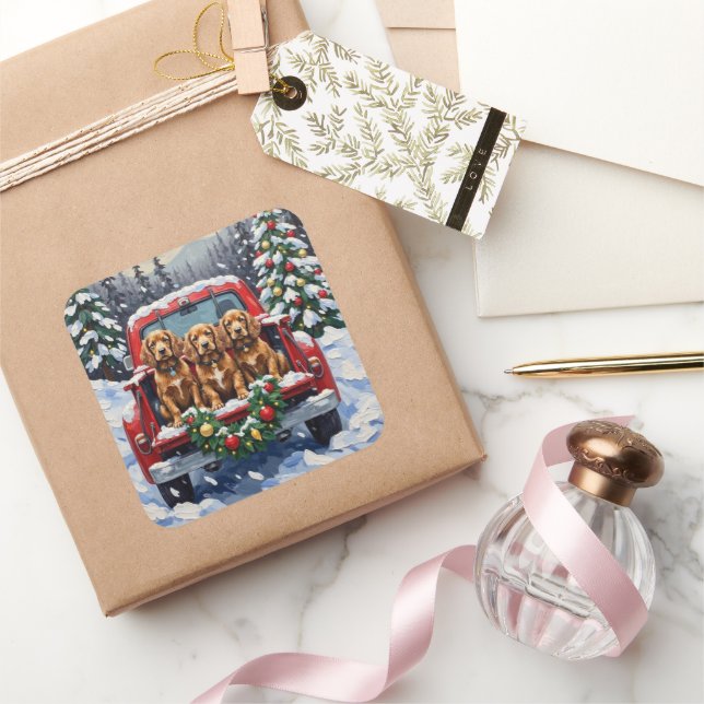 Sticker Carré Cocker Spaniel Christmas Red Truck Holiday (Cadeaux)