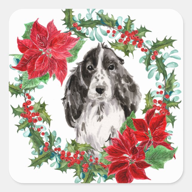 Sticker Carré Cocker Spaniel Poinsettia Christmas Wreath (Devant)