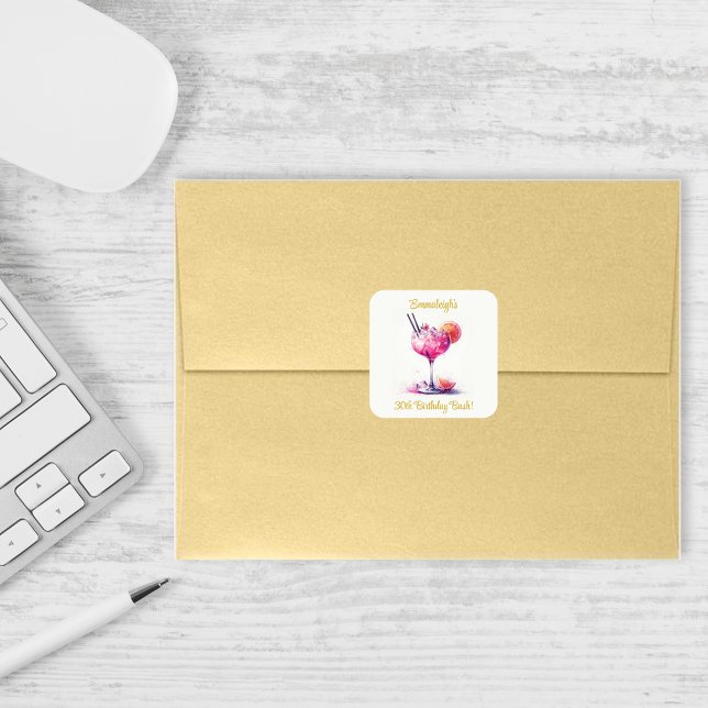 Sticker Carré Cocktail à thème rose Anniversaire (Créateur téléchargé)