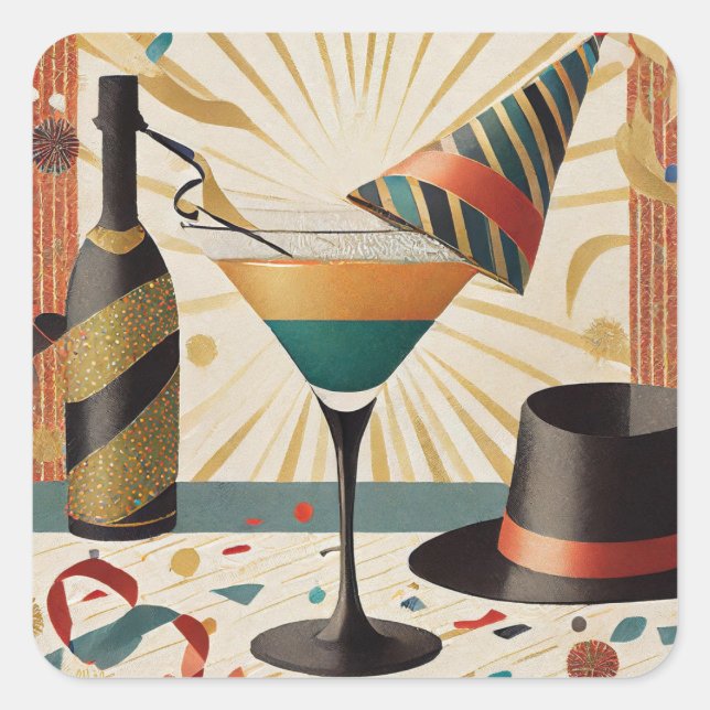 Sticker Carré Cocktail de milieu de siècle - Nouvel An (Devant)