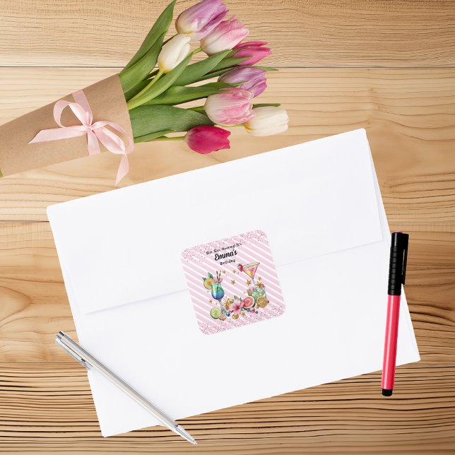 Sticker Carré Cocktail rose Parties scintillant bonbon Anniversa (Créateur téléchargé)