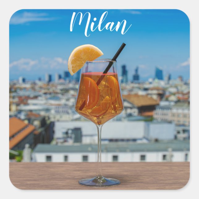 Sticker Carré Cocktail Spritz sur une table avec vue sur Milan (Devant)