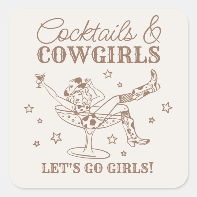 Sticker Carré Cocktails beiges et Cowgirls Rodeo Bachelorette (Devant)