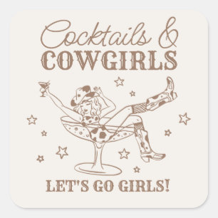 Sticker Carré Cocktails beiges et Cowgirls Rodeo Bachelorette