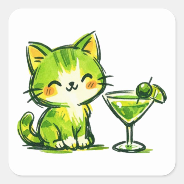 Sticker Carré Cocktails verts et chats (Devant)