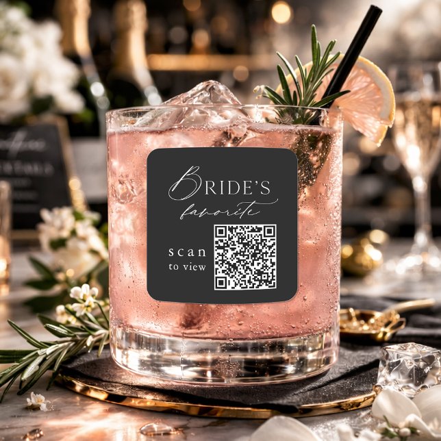 Sticker Carré Code QR de boisson de mariage noir « Favori de la  (Créateur téléchargé)