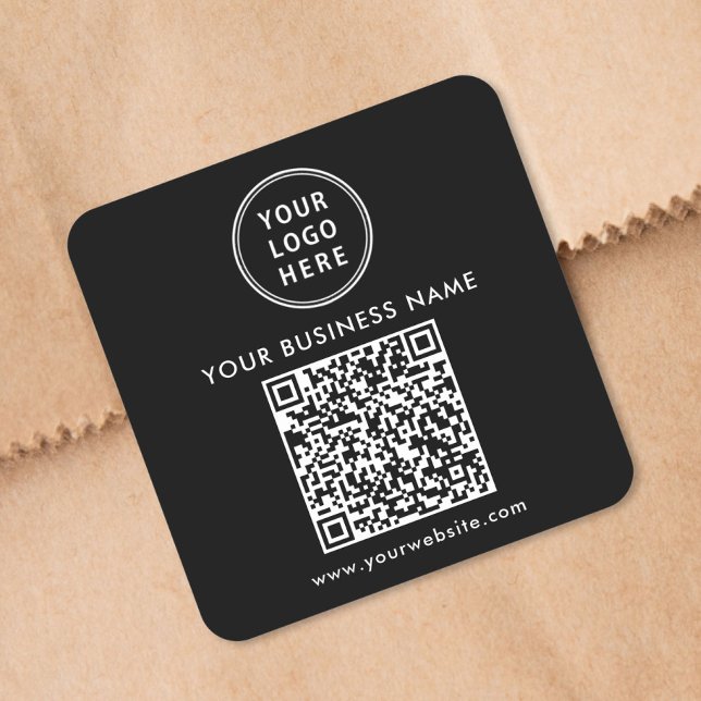 Sticker Carré Code QR de logo d'entreprise promotionnel noir (Promotional Business Logo QR Code Black Square Sticker)
