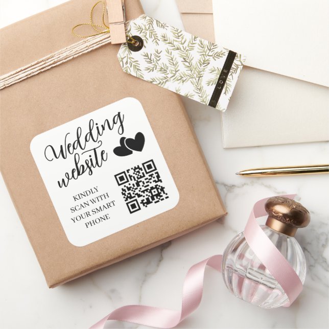 Sticker Carré Code QR du site Web de mariage à deux cœurs (Cadeaux)