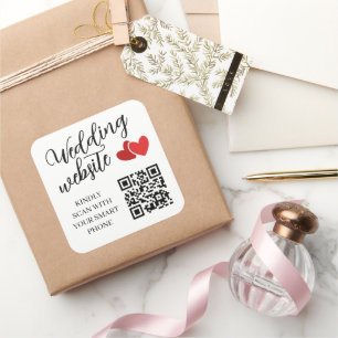 Sticker Carré Code QR du site Web de mariage Deux Cœurs Rouges
