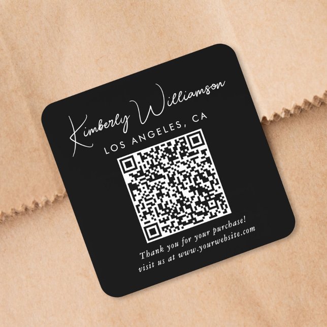 Sticker Carré Code QR Elegant Script Noir Merci (Créateur téléchargé)