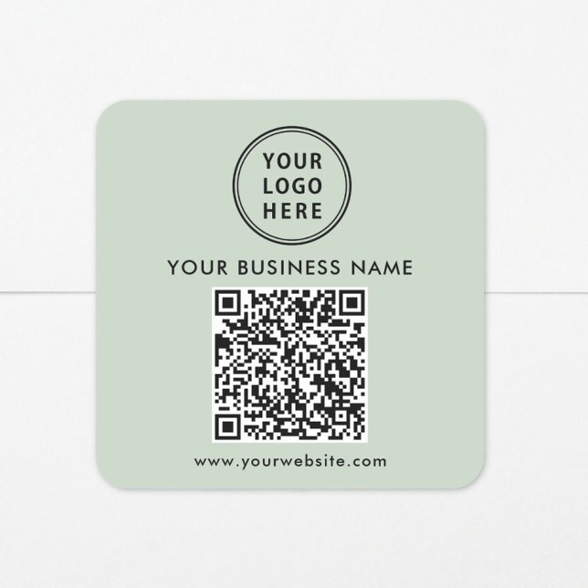 Sticker Carré Code QR Logo Entreprise Vert Sage (Business Logo QR Code Sage Green Square Sticker)
