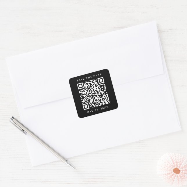 Sticker Carré Code QR Mariage minimal Enregistrer la date Noir (Enveloppe)