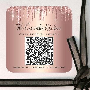 Sticker Carré Code QR Rose Gold Paillettes Gouttes Écriture Manu