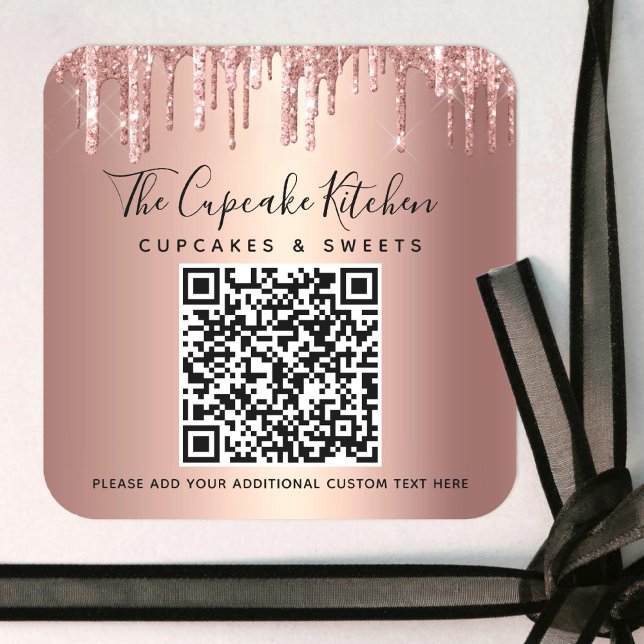Sticker Carré Code QR Rose Gold Paillettes Gouttes Écriture Manu (Créateur téléchargé)