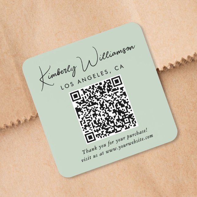 Sticker Carré Code QR Script Élégant Vert Sauge Merci (Créateur téléchargé)