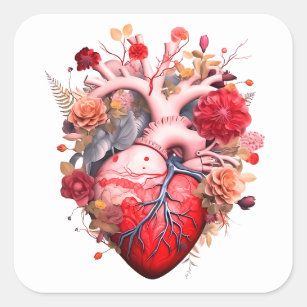 Sticker Carré Coeur anatomique avec fleurs