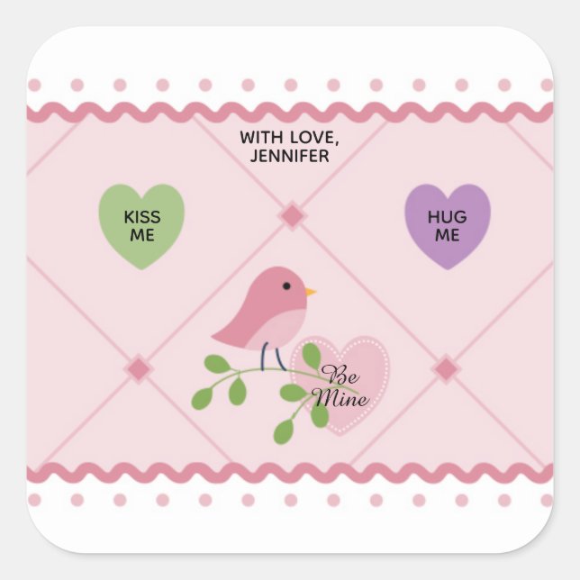 Sticker Carré Coeur avec Oiseau rose Valentine (Devant)