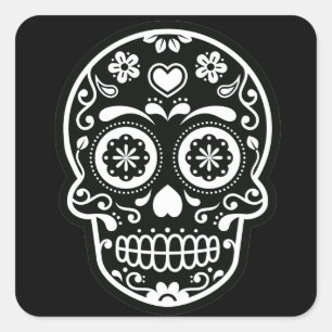 Sticker Carré Coeur crâne de sucre noir et blanc
