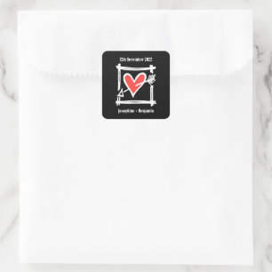 Sticker Carré Coeur d'amour de mariage personnalisé Noir & Rouge