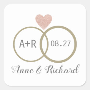 Sticker Carré coeur d'amour rose & anneaux mariages personnalisé