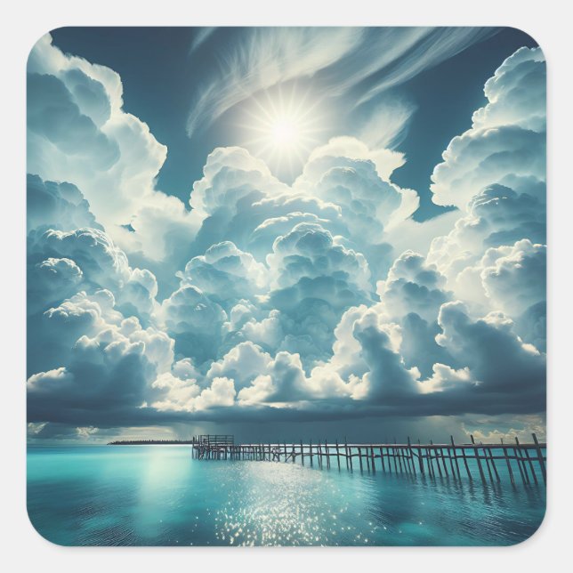 Sticker Carré Coeur dans les nuages au-dessus de l'océan (Devant)